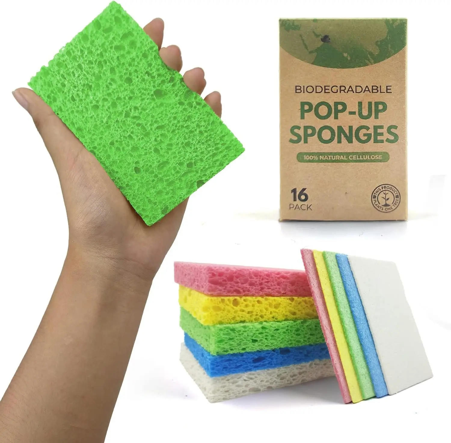 Biodegradable Cellulose Compressed Sponges - 16 Pack Eco-Friendly Household Cleaning Sponges, Non-Scratch Multicolor Heavy-Duty Multipurpose Compostable Kitchen Pop-Up Bulk