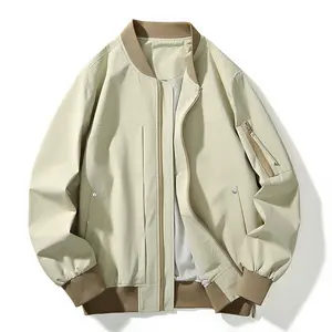 Men's Vintage Ribbed Zipper Aviator Jacket - Long-Sleeve, Spring-Autumn Loose Fit, Multi-Pocket Casual Baseball-Style, Smooth Fabric Plus Size Outdoor Workwear, Menswear Tops Coats Sweatshirt-Inspired Outerwear