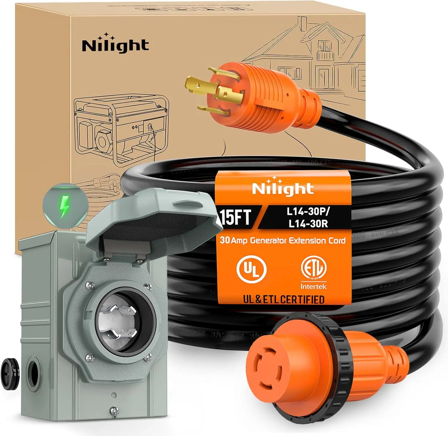 Nilight 10 Gauge STW ETL Listed 4-Prong 30A Generator Extension Cord, 15FT Locking Cable with Adjustable Cord Organizer, L14-30P/L14-30R Connector, 125/250V 7500W for 30amp Generator Power Inlet Box, RV Outdoor Use, Pure Copper