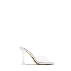 Demie Clear Strap Mule Heels - Silver