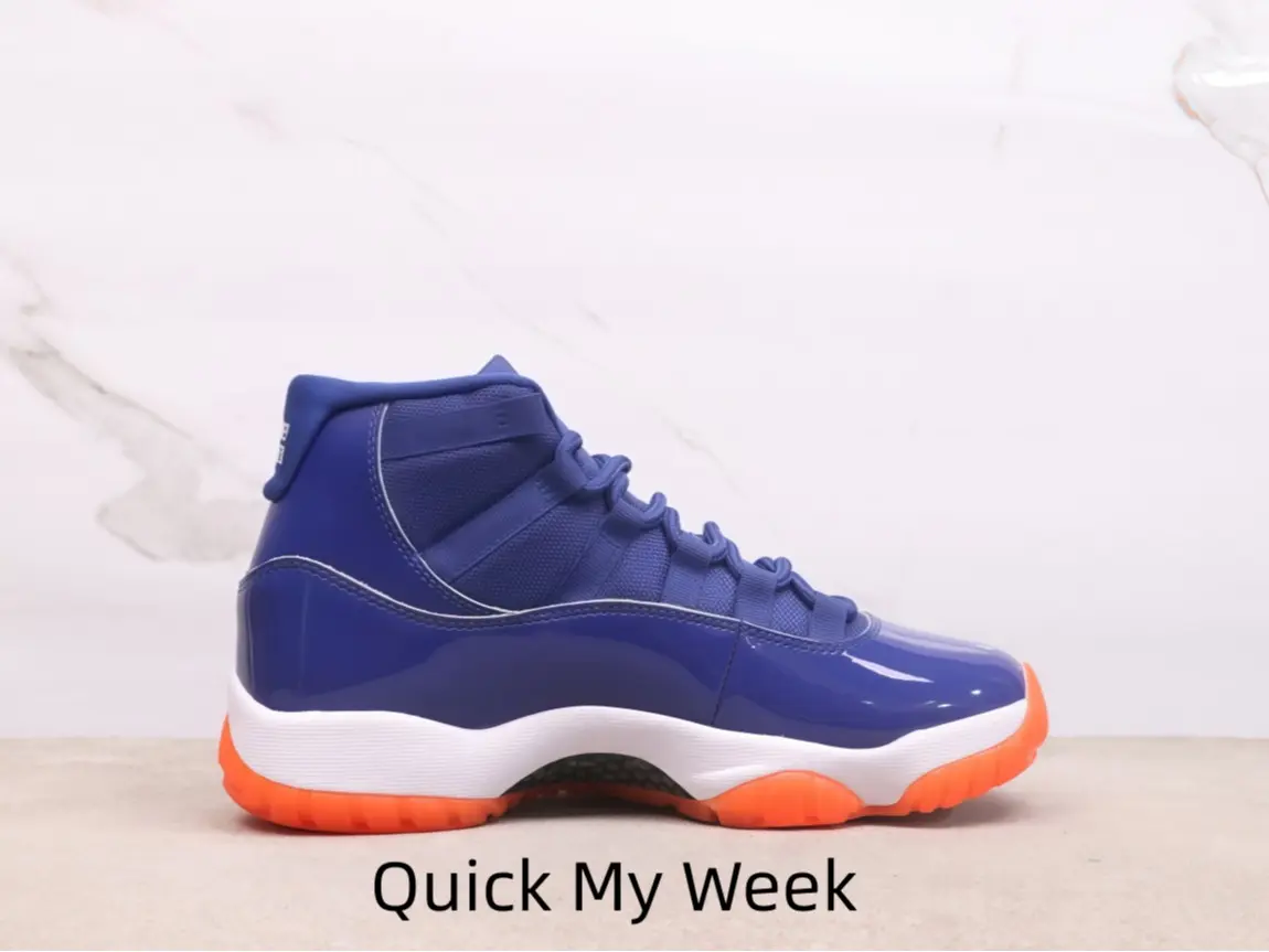 Unisex retro high-top basketball shoes with glossy royal blue upper, white midsole and bright orange outsole. Cushioned structure brings comfy wear for street style and daily casual matching.