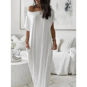 Women's Solid Color Batwing Sleeve Lounge Dress, Casual Comfy Short Sleeve Nightdress for Daily Wear, Ladies Sleepwear for All Seasons