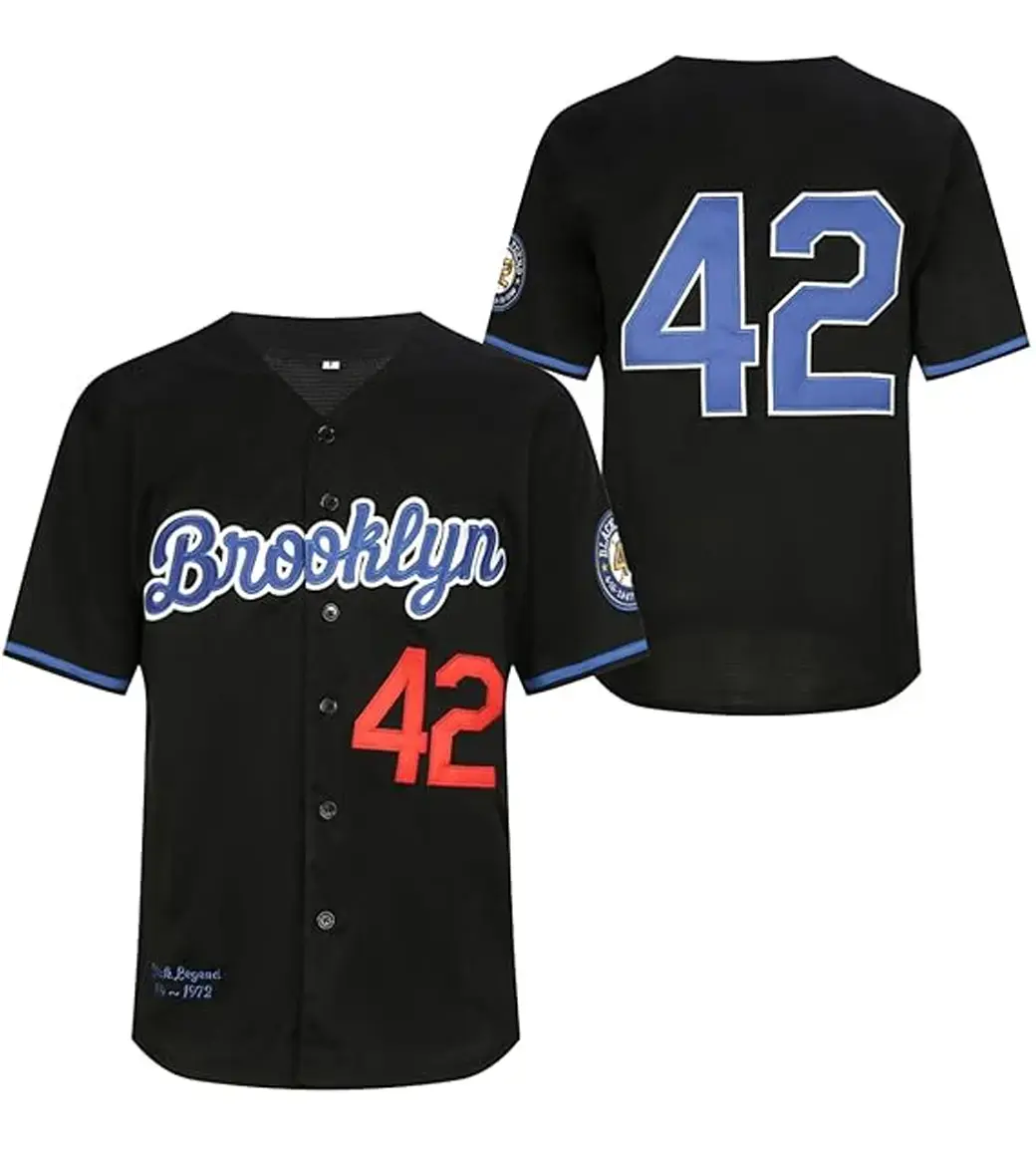 Men's Black Legend 42 Baseball Jersey, Brooklyn Heritage Button Up Jersey, Vintage Number 42 Baseball Shirt, Classic Fan Gift for Men