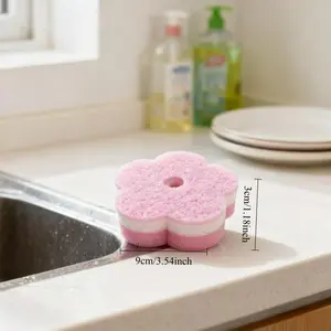 4pcs Set of Adorable Pink Flower-Shaped Thickened Dish Sponges, Powerful Stain Removal, Durable Cleaning Tool for Household Tableware and Cookware, Multi-Purpose Cleaning Essential