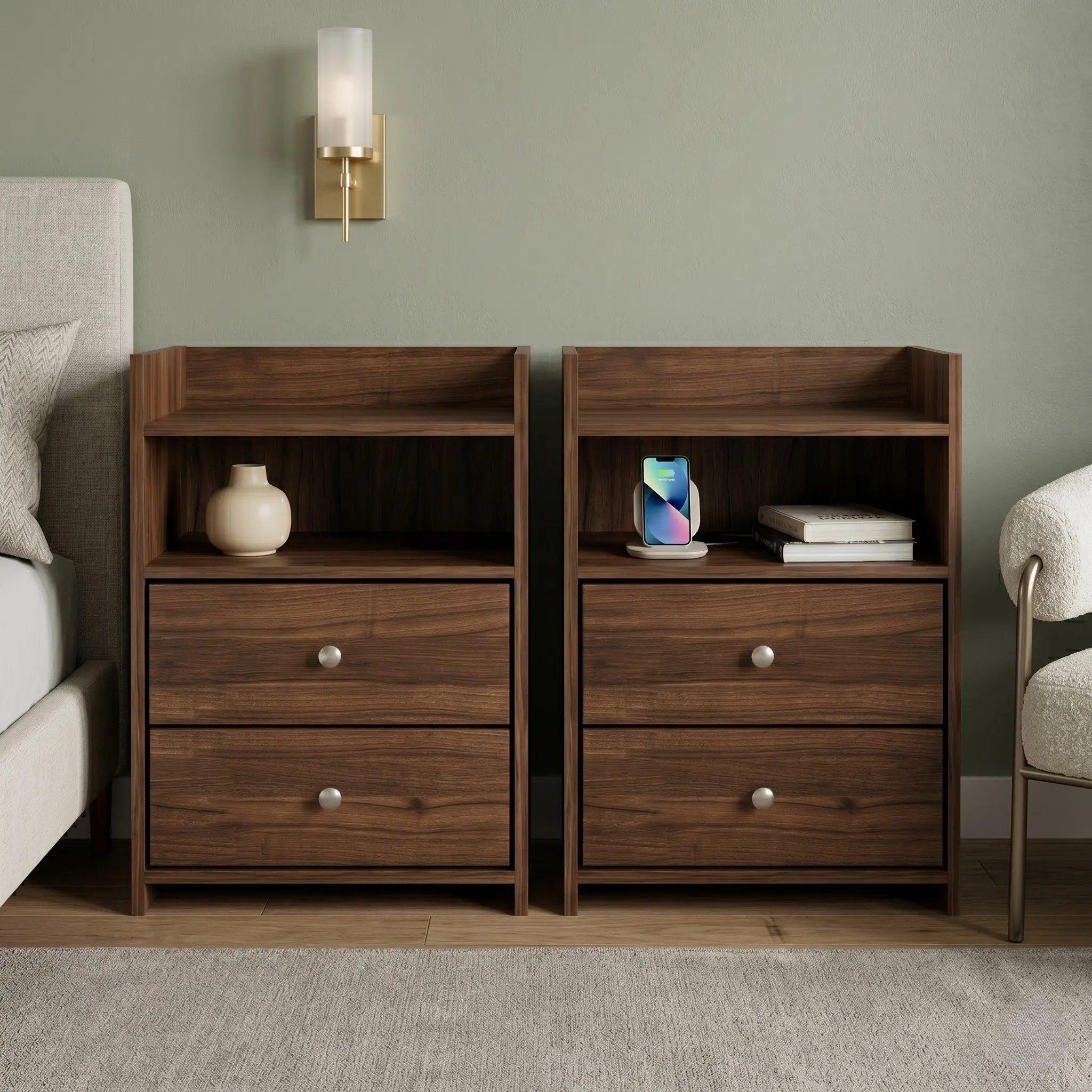 Favorer Vail 2-Piece Bedroom Furniture Set, MDF/Board Rectangle Nightstands with Raised Edge, Open Shelf, 2 Drawers, Transitional Indoor Storage for Bedroom Home Decor
