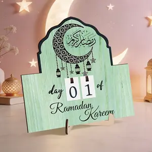 Eid Mubarak, 1 Pc Green Day Of Ramadan Countdown Calendar, Black Moon Double Layer Wooden Tabletop Ornament With Stand And 12 Number Cards, Suitable For Ramadan Party Decoration, Room Office Decoration, Islamic Home Decoration, Ramadan Festival Gift