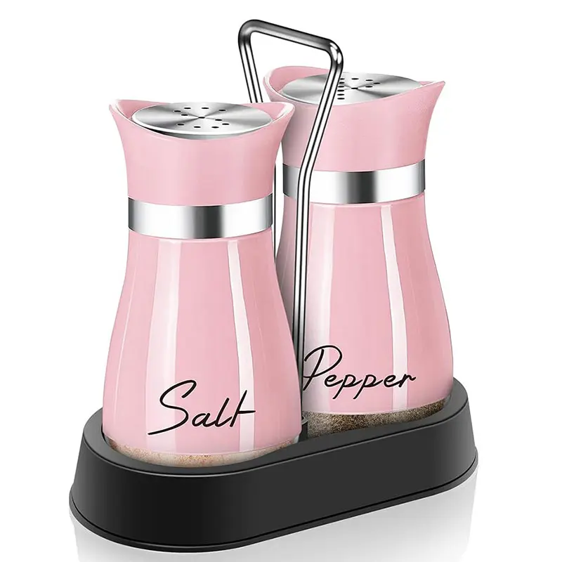 4oz Refillable Pink Salt & Pepper Shakers Set with Holder, Kitchen Gadgets Including Seasoning Utensils for Parmesan, Kitchen Decor Enhancer, Cute Mother's Day Gift