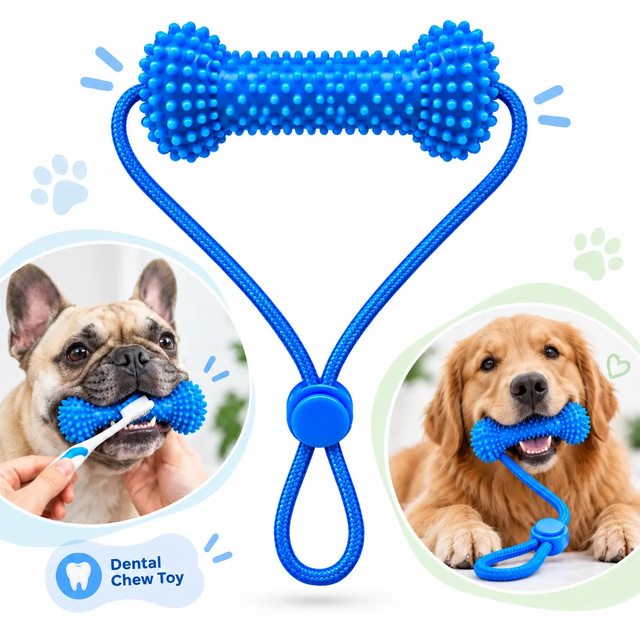 Dog Tooth Cleaning Chew Stick with Adjustable Neck Strap, Bite-Resistant Rubber Dental Chew Toy for Teeth Cleaning & Oral Care, Pet Chew Stick for Small Medium Large Dogs