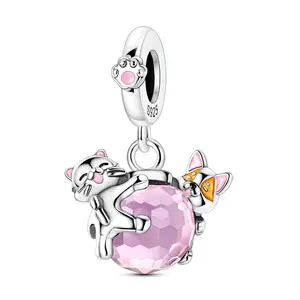 MULA 925 Silver-plated Cat and Dog Playful Pendant with Pink Faceted Glass - Symbolizes Friendship and Joy, Fits Pandora Bracelets and Necklaces - Gift for Women and Girls