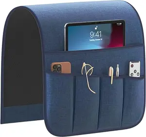 Non-Slip Sofa Armrest Organizer with 5 Pockets, Armchair Caddy for Remote, Phone, Tablet, Magazines, 13×35 in, Navy Blue