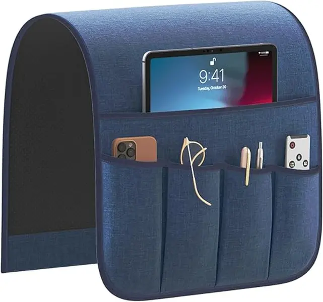 Navy Blue Non-Slip Sofa Armrest Organizer with 5 Pockets, 13x35 in Armchair Caddy for Remote, Phone, Tablet, Five Pockets