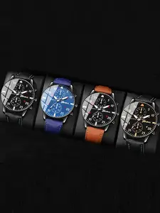 4-piece/set of versatile and personalized Geneva men's watch set in plain colors, Analog Quartz Watch