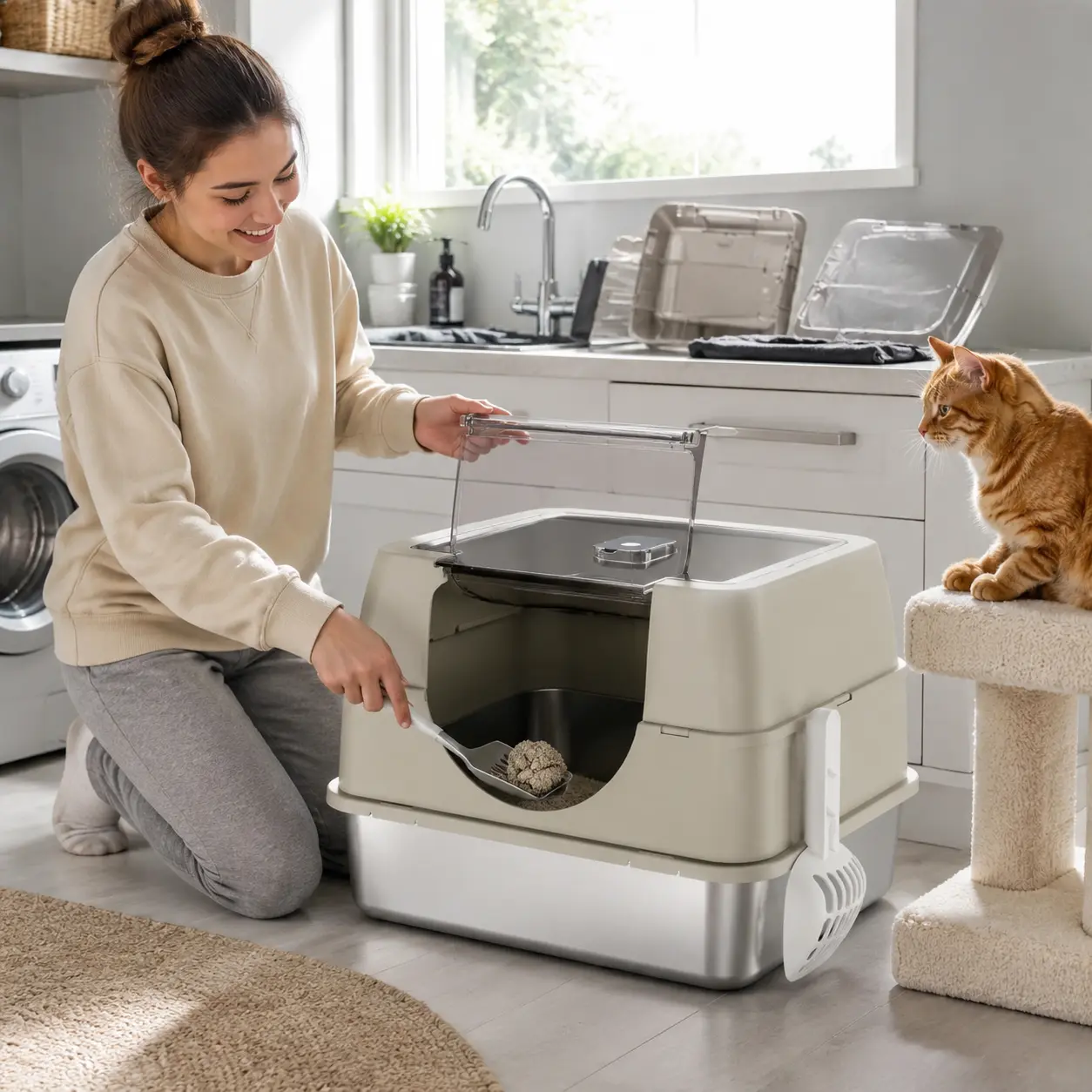 Odor-Locking Closed Cat Litter Box - Multi-Model Compatible, Comfortable Fit for Cats, Practical Automatic Stainless Steel Household Pet Supply automatic litter box app control blue trim large tabletop