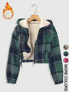 Women's Plaid Print Hooded Zipper Warm Lined Loose Short Jacket, Long Sleeve Casual Outerwear, Fall & Winter Fashion Coat