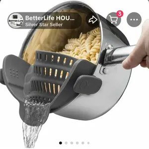 BetterLife Silicone Clip-On Colander for Easy Pasta Straining & Cooking Aid Silver Star Seller Product