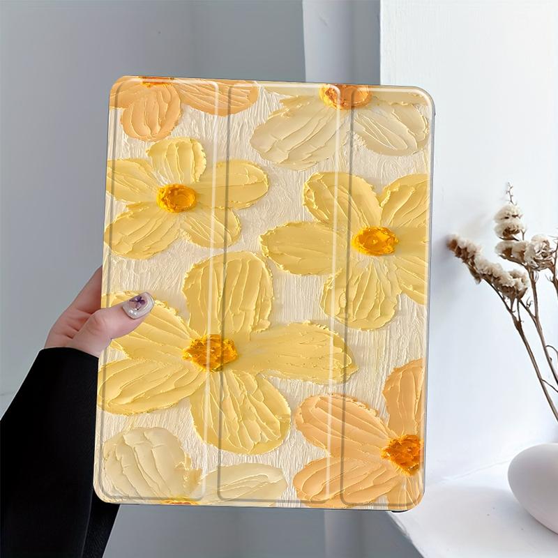 Textured Yellow Floral Design iPad Case, Tablet Casing, Tablet Accessories, Transparent Acrylic Stand Cover, Pencil Holder & Charger Slot, Fits iPad Pro/air/mini, Shock-resistant Protective Case for Office, School & Home