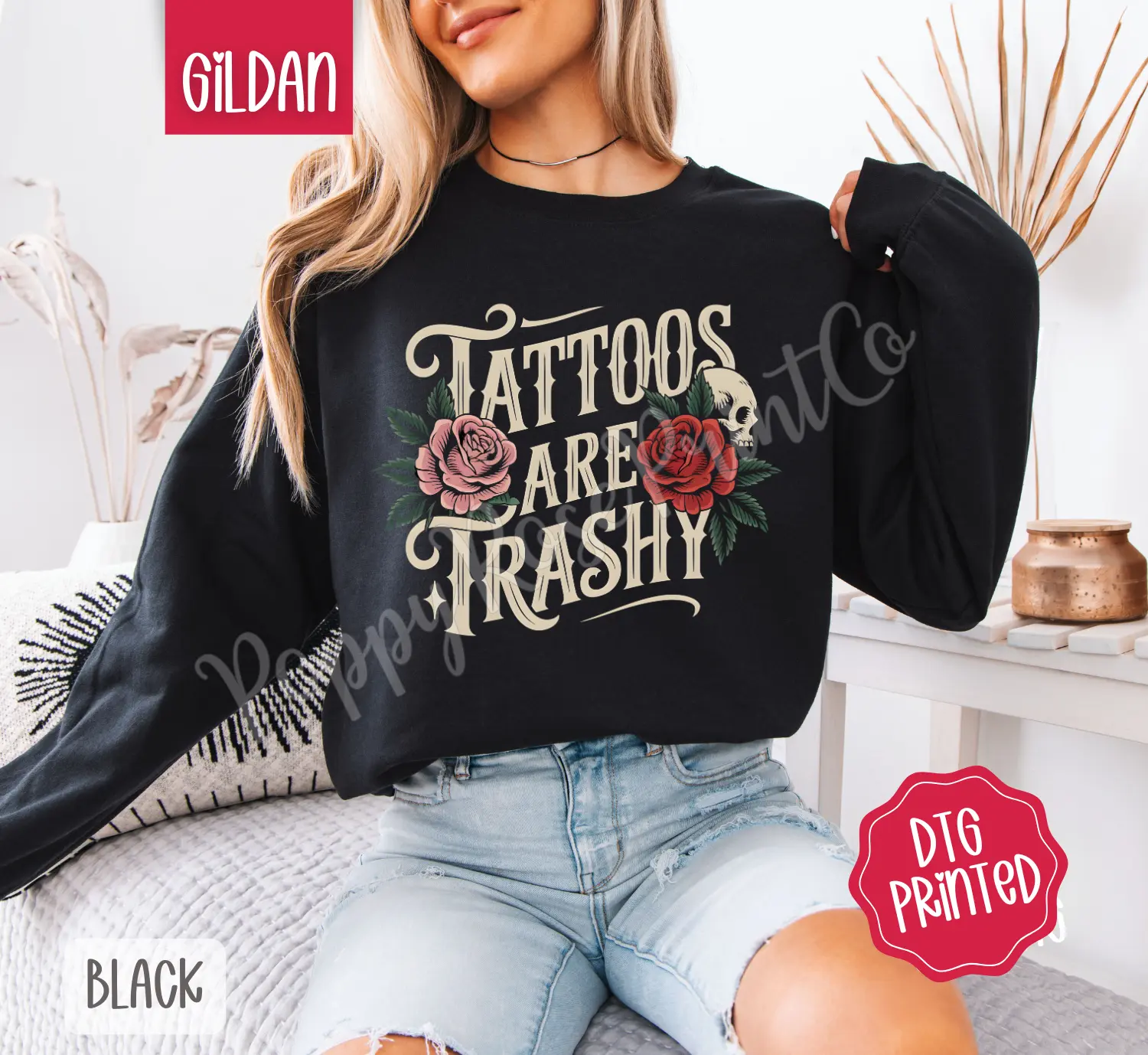 Tattoos are Trashy Sweatshirt, Cute Women's Floral Sweater, Trendy Vintage Crewneck