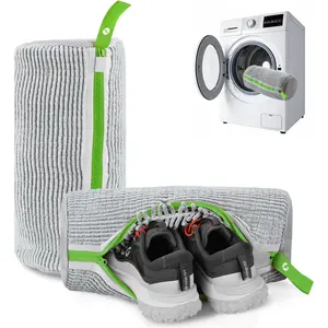 Sneaker Wash Bag 2 Pack & Bonus Storage Bag - Chenille Microfiber Shoe Washing Machine Bag - Heavy Duty  Pouch for Running Shoes & Canvas (2Pack Cool Grey/Greenery)