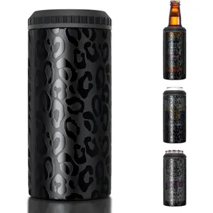3 in 1 Slim Can Cooler for 12 OZ Skinny Can, Regular Can &  Bottle - Keep Cold for 6 Hours - Double Walled Insulated Stainless Steel Vacuum Beverage Can Insulator (Black Leopard)