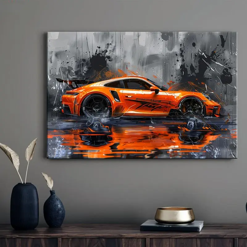 1pc Retro Orange Sports Car   Canvas   Print - Artistic Minimalist Racing  ation, Unframe-style-08×12inch(20×30cm) Home Supplies - Vintage Automotive Wall Art (Orange & Black) for Man Cave, Studio  , Wardrobe Area