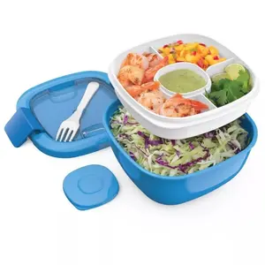 Salad Stackable Lunch Container with Large 54oz Bowl, 4-Compartment Tray & Built-In Fork Color Blue
