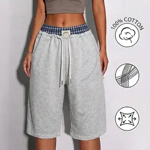 Women’s Y2K plaid patchwork sweat shorts — Inseam: 14.17 inches; trendy high-waisted baggy gray shorts; aesthetic streetwear bottoms for summer