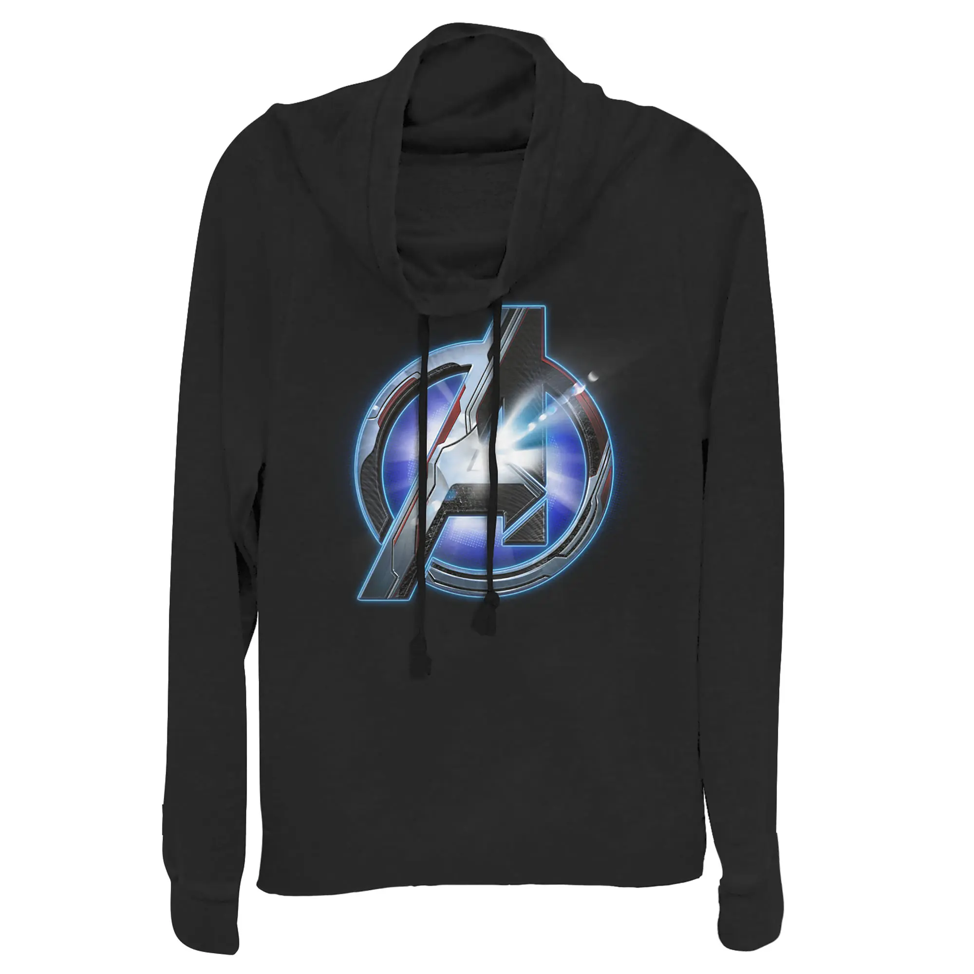 Juniors Womens Marvel Avengers: Endgame Arc Reactor Logo Cowl Neck Sweatshirt