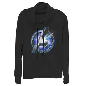 Juniors Womens Marvel Avengers: Endgame Arc Reactor Logo Cowl Neck Sweatshirt