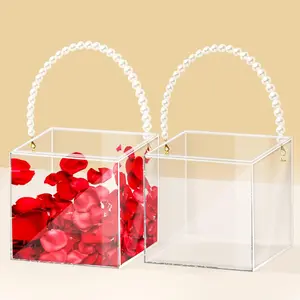 2Pcs Flower Girl Basket Set of 2 Plastic Wedding Basket Petals Basket with Pearl Handle Clear Flower Holder for Confetti,Wedding Home Decoration Pahdecor