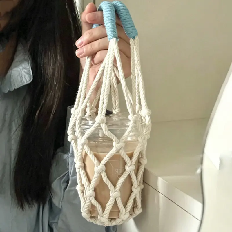 1Pc Macrame Cup Holder with Handle, Woven Coffee Cup Sleeve, Water Bottle Tote Bag, Drink/Can Cup Sleeve, Portable Reusable Cup Carrier for Iced Coffee & Boba Tea, Aesthetic Summer Accessory, Suitable For Outdoor Travel, Vacation, Fitness, Hiking, Cycling