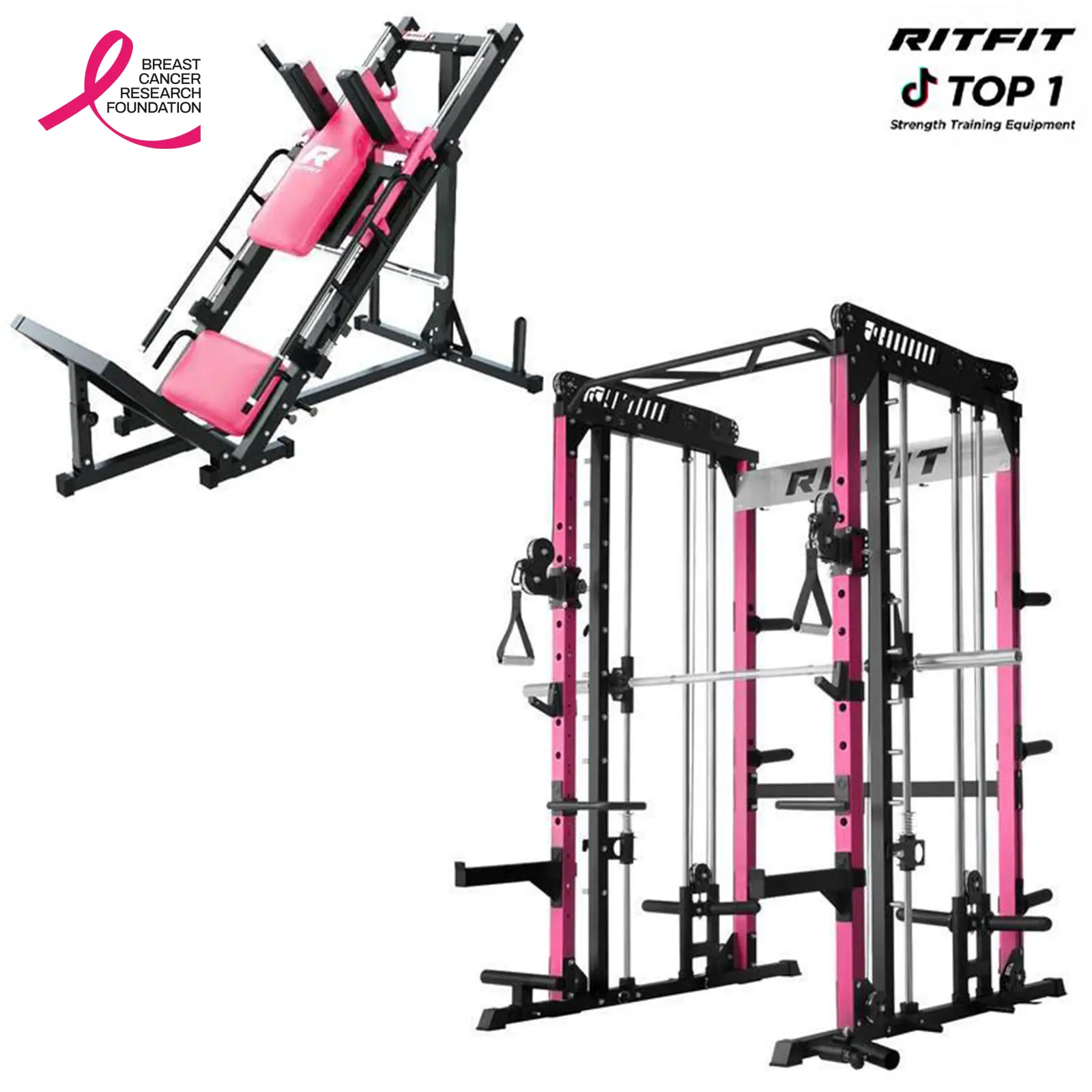 RITFIT M1 PRO Pink Stainless Steel Smith Machine Package, Unisex At-Home Strength Training Equipment with Cable Crossover, Pull-Up Bar, Adjustable Squat Rack, BLP01 Leg Press Machine (2in+ Leather Pad, 5-Angle Hack Squat), Workout Training Equipment