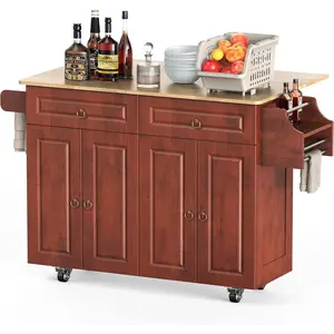 Rolling Kitchen Island Cart with Drop Leaf Countertop, Mobile Kitchen Furniture on Lockable Wheels, Equipped with Two Large Drawers and Double-door Storage Cabinets, Practical Organizer for Home Kitchen Daily Use LED Lighted Charging Dresser