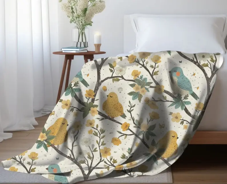 Spring Bird Throw Blanket Bird Watchers Gift for Nature Lovers Blue Yellow Bird Fleece Lap Blanket Mother's Day Gift for Christmas Present