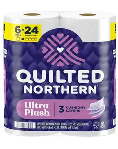 Quilted Northern Ultra Plush Toilet Paper, 6 Mega Rolls = 24 Regular Rolls, 3X Thicker*, 3 Ply Soft Toilet Tissue (Packaging May Vary)
