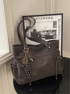 Retro, trendy, cool, large capacity tote bag, high-end, versatile, shoulder bag, suede motorcycle style, multi pocket crossbody bag, high-end texture, personalized hand-held armpit bag, office shopping, Elegant commuter bag