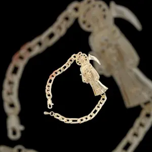 8 in Gold Plated Religious Holy Death Santa Muerte Charm Bracelet, Detailed Charms, Elegant Design for Spiritual Wear, Ideal for Anniversary Gifting, Charm Bracelets