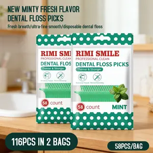 116pcs Disposable Mint Flavored Floss Sticks (2 Bags, 58 Pieces/bag), Post-Meal Dental Care Tool, Table Essential, Ready-To-Use