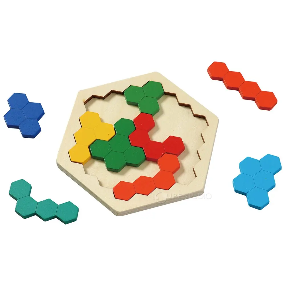Solid Wood Hexagon Tangram - Unisex STEM Montessori Toddler Puzzles Set, Multicolor Blocks Brain Teaser, Spatial Logic Educational Sorting Toy, Stress Relief Gift for Age 3+ (Wooden Puzzles), Multicolor Puzzle Blocks