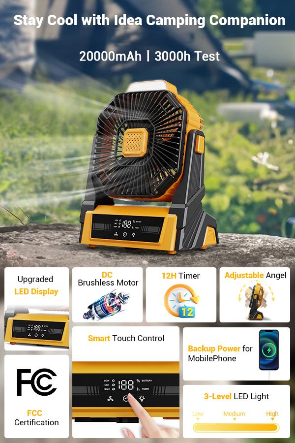 Smart Frog 2026 Upgraded 20000mAh Portable Rechargeable Camping Fan, Battery Powered Outdoor Cordless Fan | 3 Speeds Strong Airflow, Up to 60H Run Time, 3 Brightness LED Lights, Lightweight Fan Ideal for Camping, RV, Job Site, Beach, Tent, Travel & Indoor