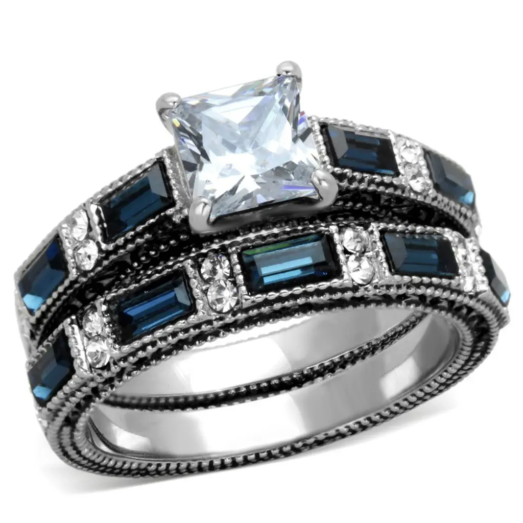 Lanyjewelry Couple Rings - 1 Carat 7x7mm Princess Cut CZ Center, 6mm Wide Hypoallergenic Stainless Steel, CZ Inlay Setting, Deep Blue Sapphire Option, Stackable Men’s/Women’s Engagement Wedding Artificial Gemstone Jewelry