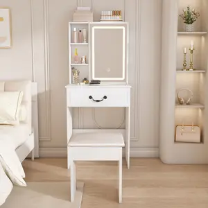 Modern Mini Dressing Table with LED-lit Mirror & Hidden Storage,Includes Padded Stool,Adjustable Brightness Vanity Desk,Multi-tier Dust-proof Shelves,White