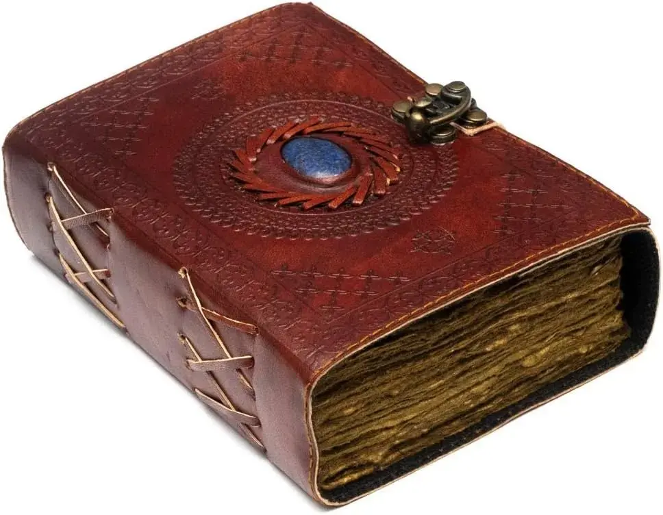 Vintage Leather Journal with Semi Precious Stone - Lock Closure, 240 pages Antique Deckle Edge Paper - Book of Shadows, Grimoire Journal, Witch Journal for Men and Women