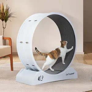 Niubya Cat Running Wheel, Small Animal Exercise Treadmill w/ Locking Mechanism, Carpet Runway, Cat Teaser Toy, Indoor, White Gray
