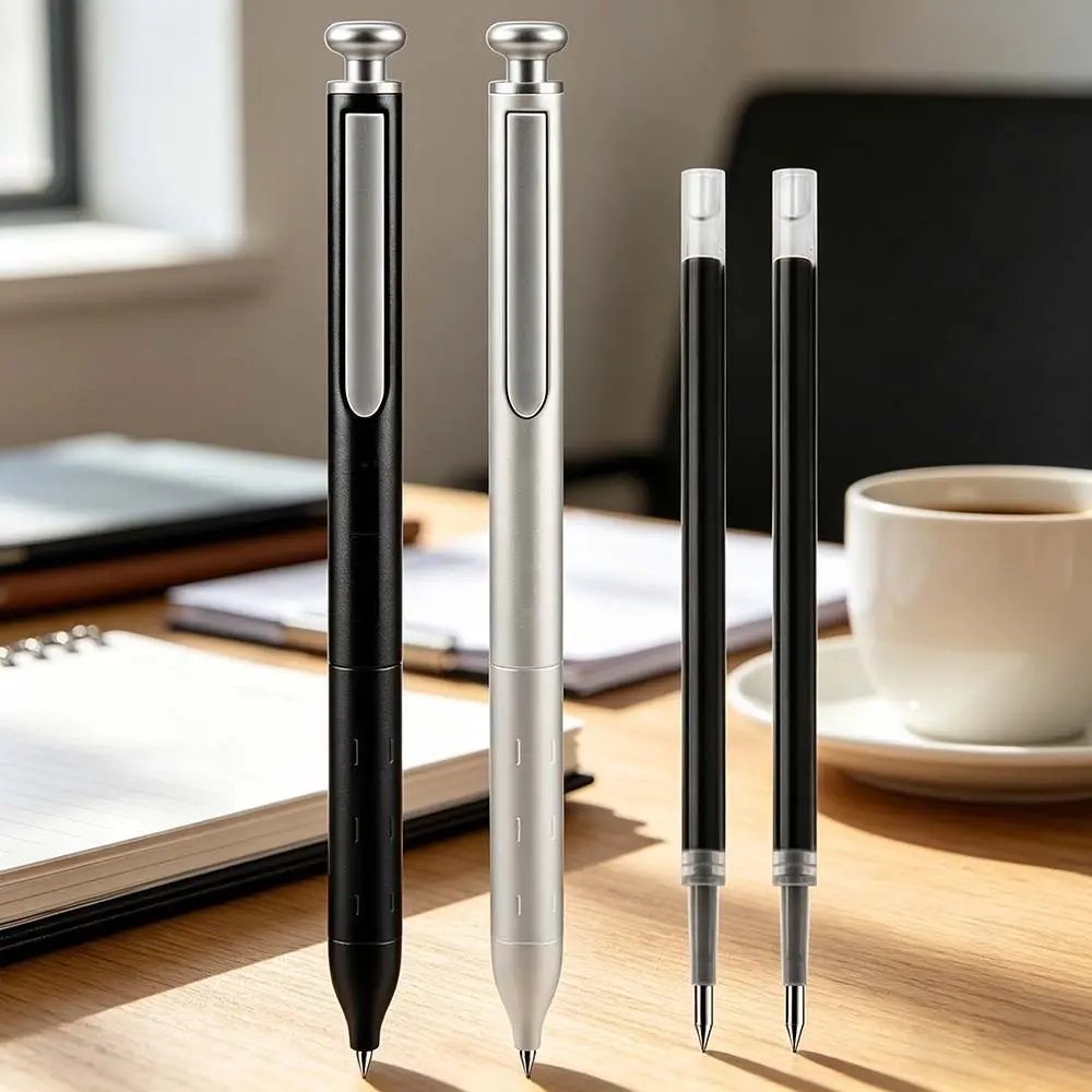 Gel Pens Fine Point: Premium Metal Barrel Retractable 0.7mm Black Ink Pen 2ct with 2 Refills No Smear & Bleed Quick Dry Smooth Writing Silent Click Luxury Up-Gel Elegant Student Pen Gel Pen Set
