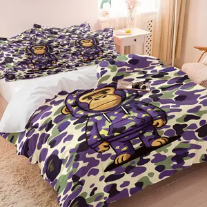 Bape Purple Green Yellow Color Camo Duvet Cover Set, 1 Duvet Cover & 1-2 Pillowcases, Iconic Hooded Ape Image, Soft Bedding, Street Style Fashion Cool Bedroom Decor, Gift for Trendsetters
