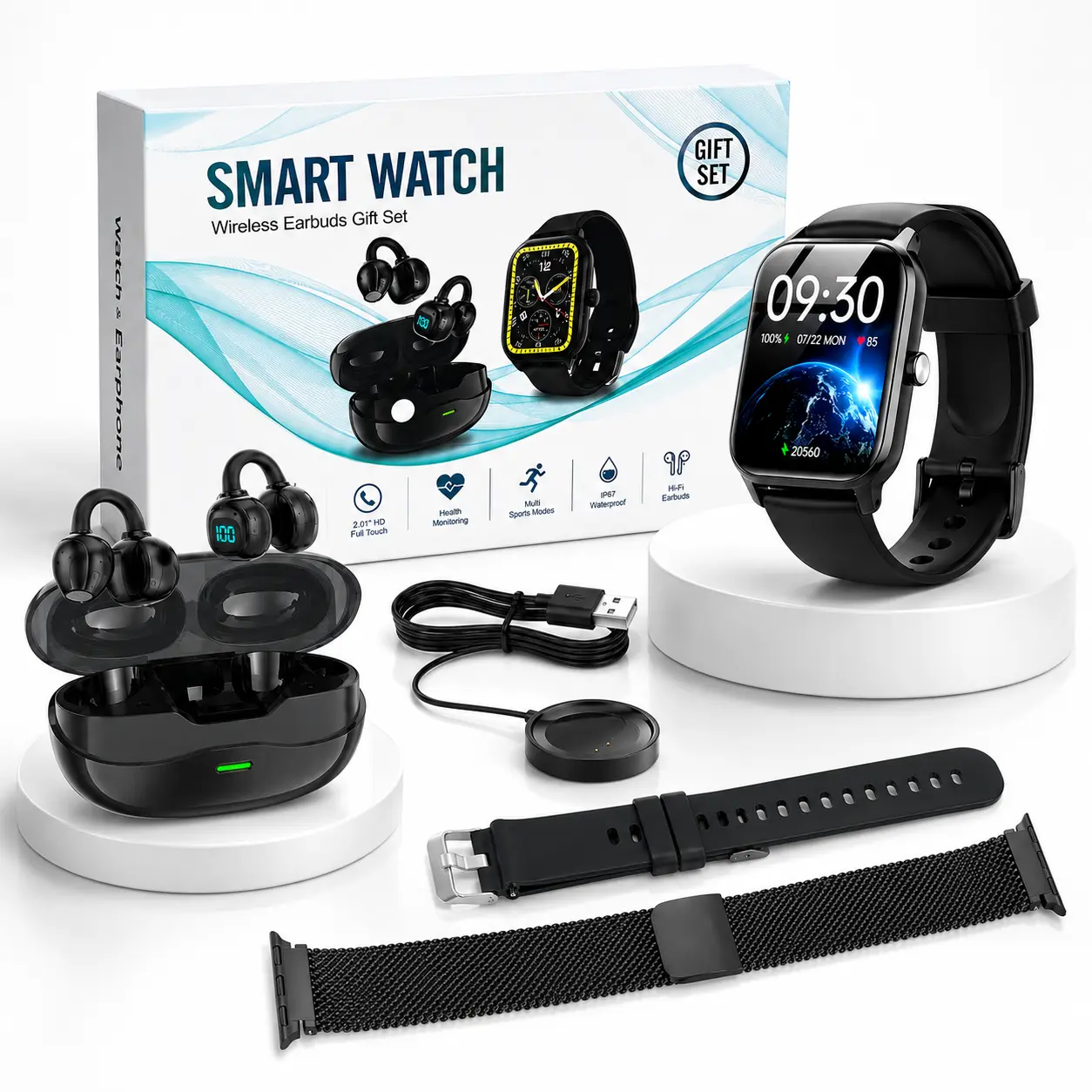 ARTCYBER All-in-1 Digital Smart Watch Gift Set for Men/Women - Wireless Audio Earbuds, Fast Charging Adapter, Magnetic Charger, Multi Cables, Rubber Wearable, iOS/Android Compatibility, Calling, Fitness Bundle Fathers Day Gift