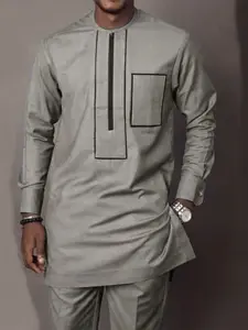 Traditional Muslim Set African Style Men's Formal Modest Wedding New Suit 2-Piece Round Neck Long Sleeve Top and Pants