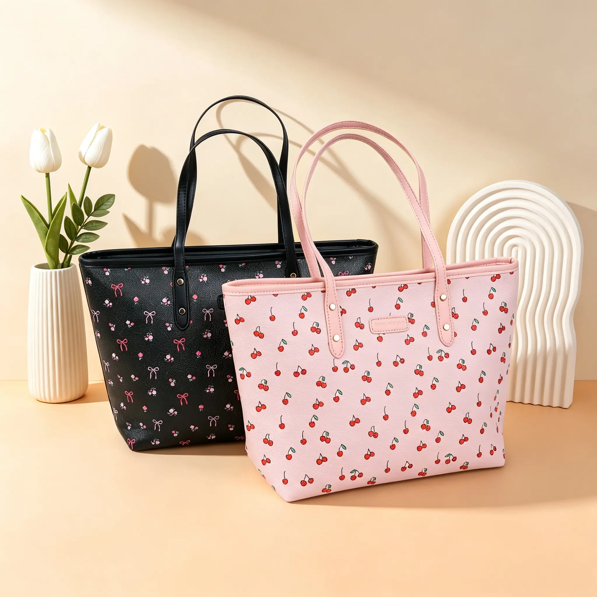 Women’s Cherry Print Tote Bag, Large Capacity PU Leather Handbag with Zipper Closure, Cute Bow Pattern Shoulder Bag for Work, Travel & Daily Use