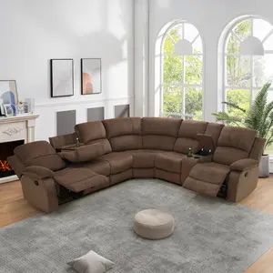 Modern 6-Seat Luxury Brown Pineapple & Cotton Fabric 3-Piece Smart Recliner Sofa Set with Sturdy Fixed Arms for Living Room, Apartment