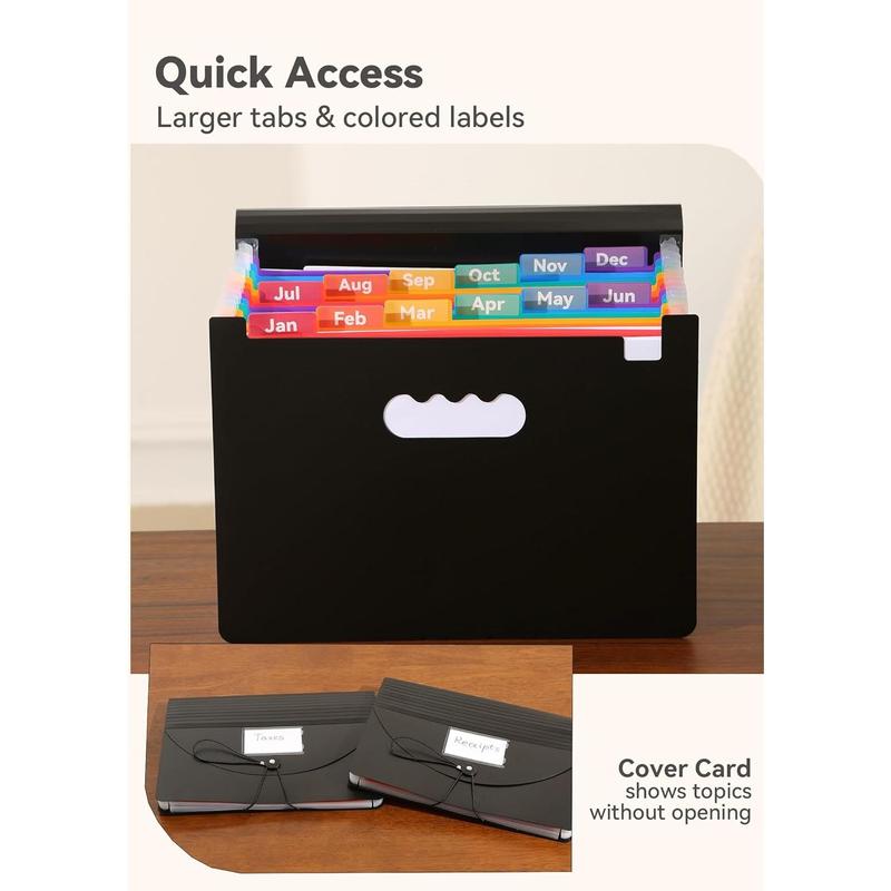 Accordion File Organizer 12 Pockets, Monthly Bill Receipt Tax Organizer, Expanding File Folders with Larger Bright Tabs, Fits Letter/A4 Size  Black
